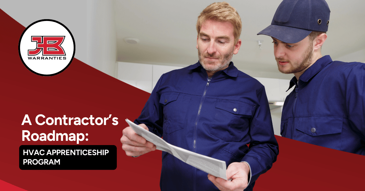 Two HVAC technicians in navy work uniforms review a printed document together beside the JB Warranties logo and the title “A Contractor’s Roadmap: HVAC Apprenticeship Program