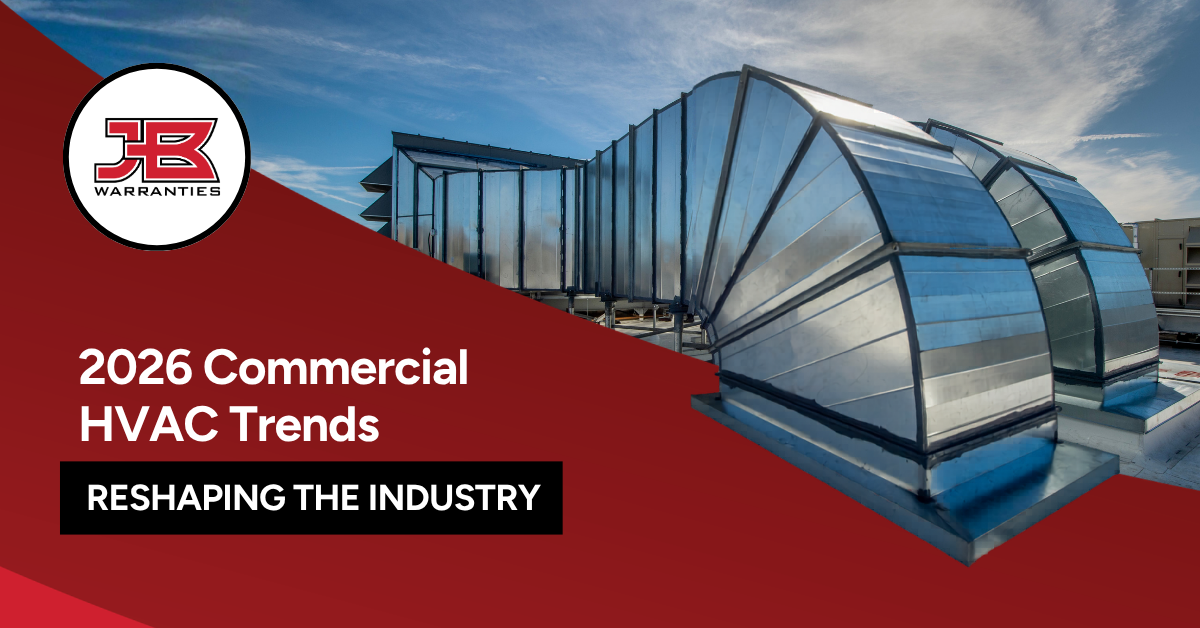 Commercial rooftop HVAC unit on a sunny day with clouds in the background with text stating, "2026 Commercial HVAC Trends Reshaping The Industry."
