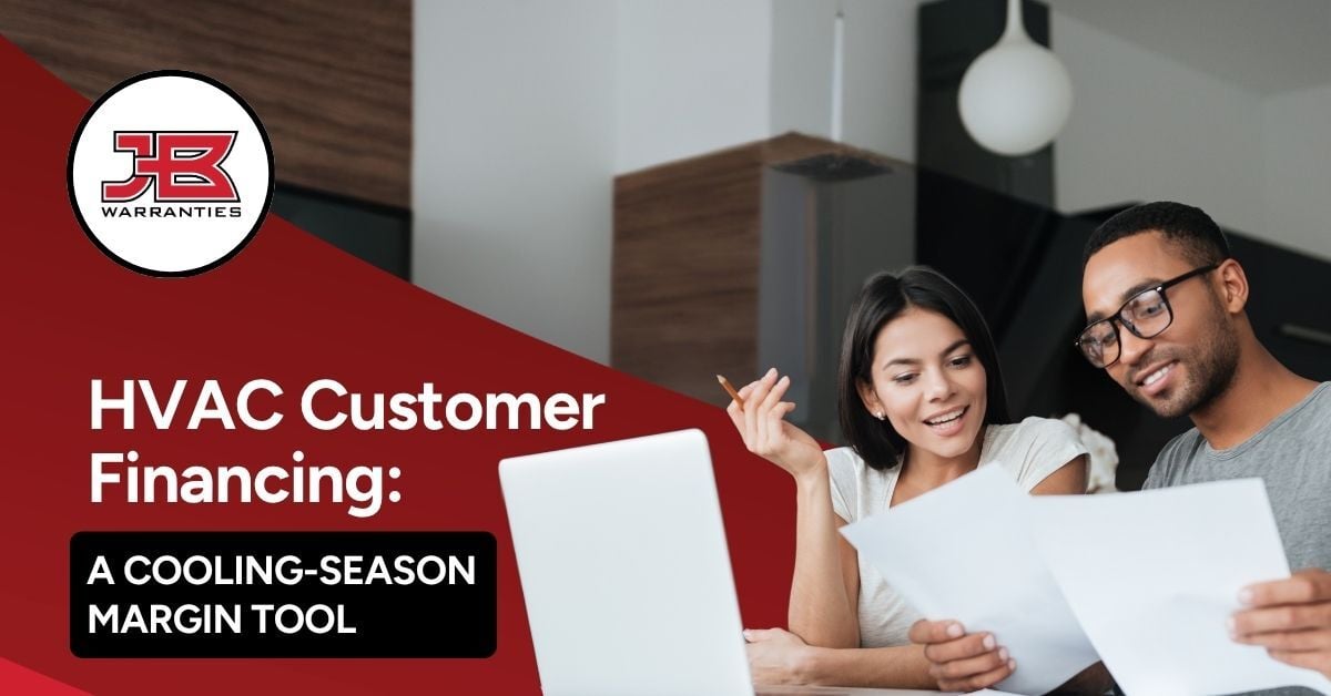 Promotional graphic about HVAC customer financing showing two homeowners reviewing paperwork and discussing payment options, with the headline “HVAC Customer Financing: A Cooling-Season Margin Tool.”