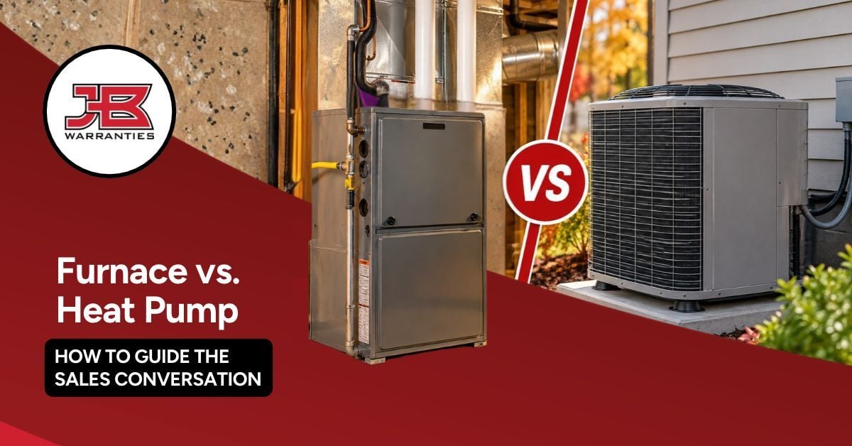 JB Warranties graphic comparing a gas furnace indoors with an outdoor heat pump, separated by a “VS” symbol. The headline reads, “Furnace vs. Heat Pump: How to Guide the Sales Conversation.”