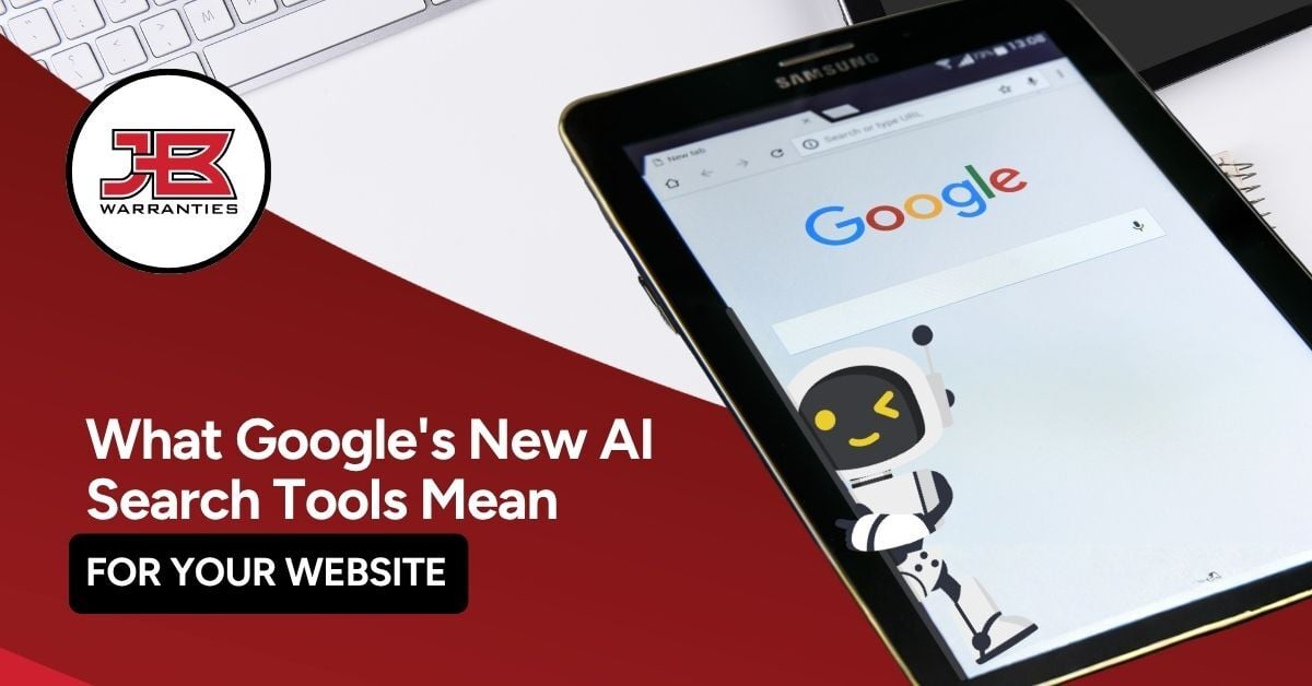 Tablet displaying the Google search homepage with an AI-themed robot illustration beside the search bar. The image includes the JB Warranties logo and the headline, "What Google's New AI Search Tools Mean for Your Website."
