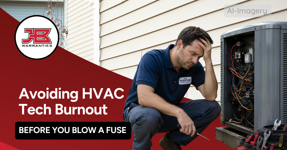 Promotional graphic about HVAC technician burnout showing a frustrated HVAC technician kneeling beside an open air conditioning unit, with the headline “Avoiding HVAC Tech Burnout: Before You Blow a Fuse.”