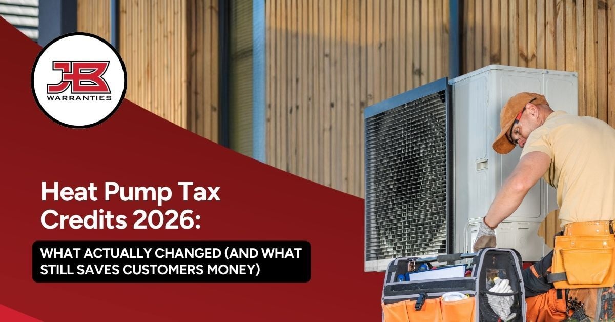 HVAC technician servicing an outdoor heat pump beside a home, with tools and equipment nearby. The image includes the JB Warranties logo and the headline, “Heat Pump Tax Credits 2026: What Actually Changed (and What Still Saves Customers Money).