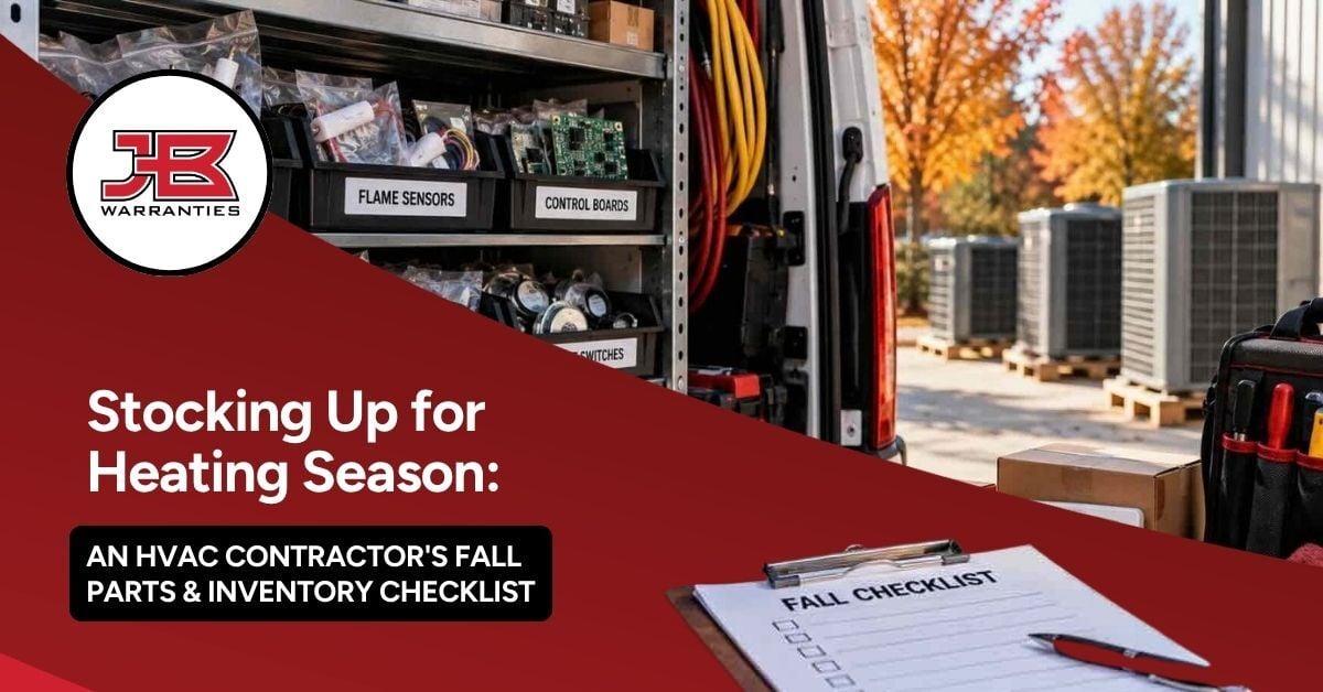 HVAC service van stocked with organized heating parts beside outdoor units, with a fall inventory checklist and the headline “Stocking Up for Heating Season: An HVAC Contractor’s Fall Parts & Inventory Checklist.”