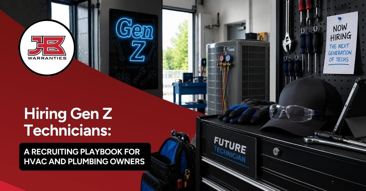 HVAC workshop featuring an air conditioning unit, technician tools, safety gear, and recruiting signs referencing Gen Z and the next generation of technicians. The image includes the JB Warranties logo and the headline, “Hiring Gen Z Technicians: A Recruiting Playbook for HVAC and Plumbing Owners.”
