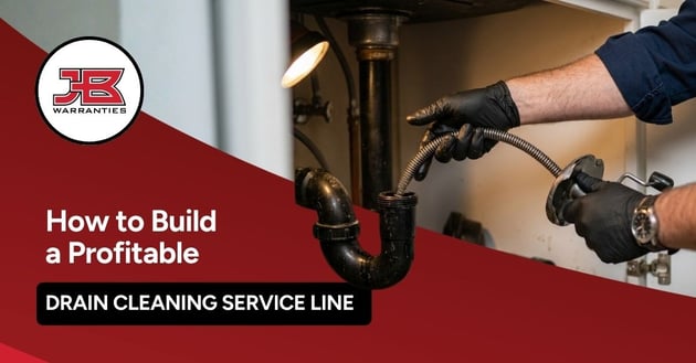 Close-up of a drain being cleared with a handheld drain snake in a bathroom sink, with a drain plunger in the background. The image includes the JB Warranties logo and the headline, "How to Build a Profitable Drain Cleaning Service Line."