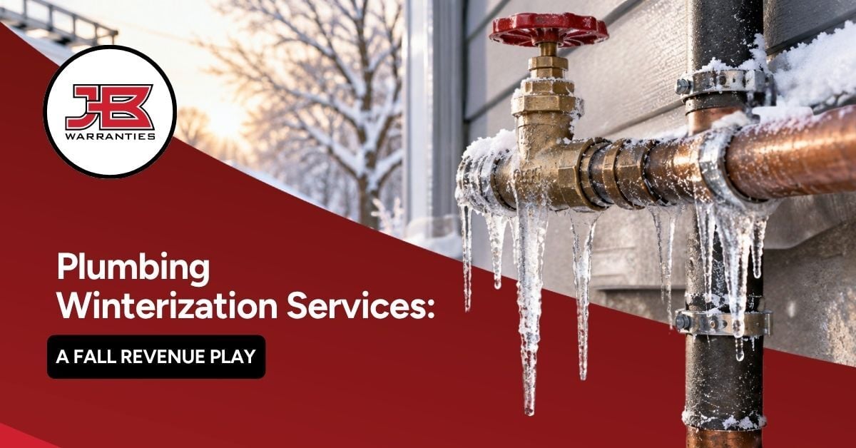 Frozen outdoor plumbing pipes and valve covered in ice and icicles beside a snow-covered home. The image includes the JB Warranties logo and the headline, “Plumbing Winterization Services: A Fall Revenue Play.”