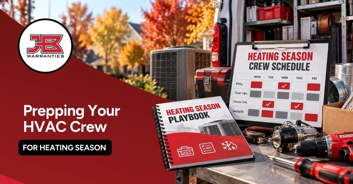 JB Warranties graphic featuring an HVAC service van stocked with tools and parts, a heating season playbook, and a crew scheduling calendar. The headline reads, “Prepping Your HVAC Crew for Heating Season.”