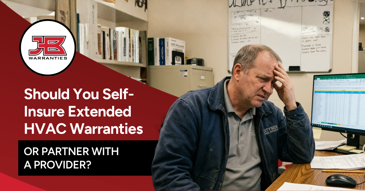 Promotional graphic for JB Warranties asking “Should You Self-Insure Extended HVAC Warranties or Partner with a Provider?” alongside an image of a stressed man at a desk reviewing spreadsheets in an office.