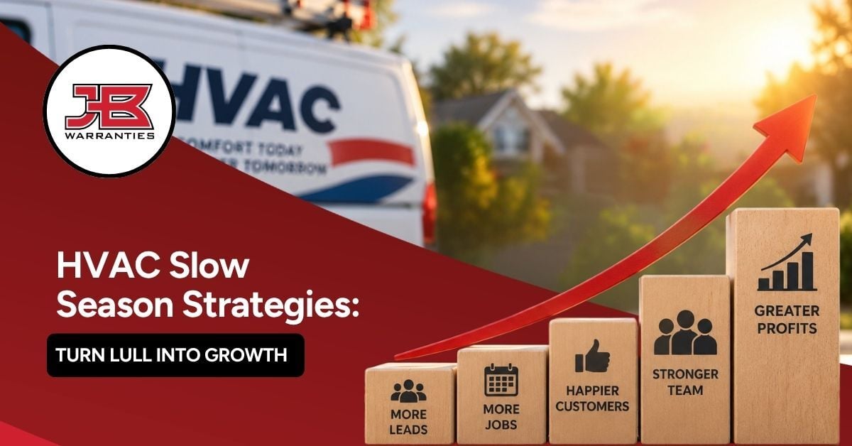 HVAC Slow Season Strategies graphic showing an upward growth arrow over steps representing more leads, more jobs, happier customers, a stronger team, and greater profits.