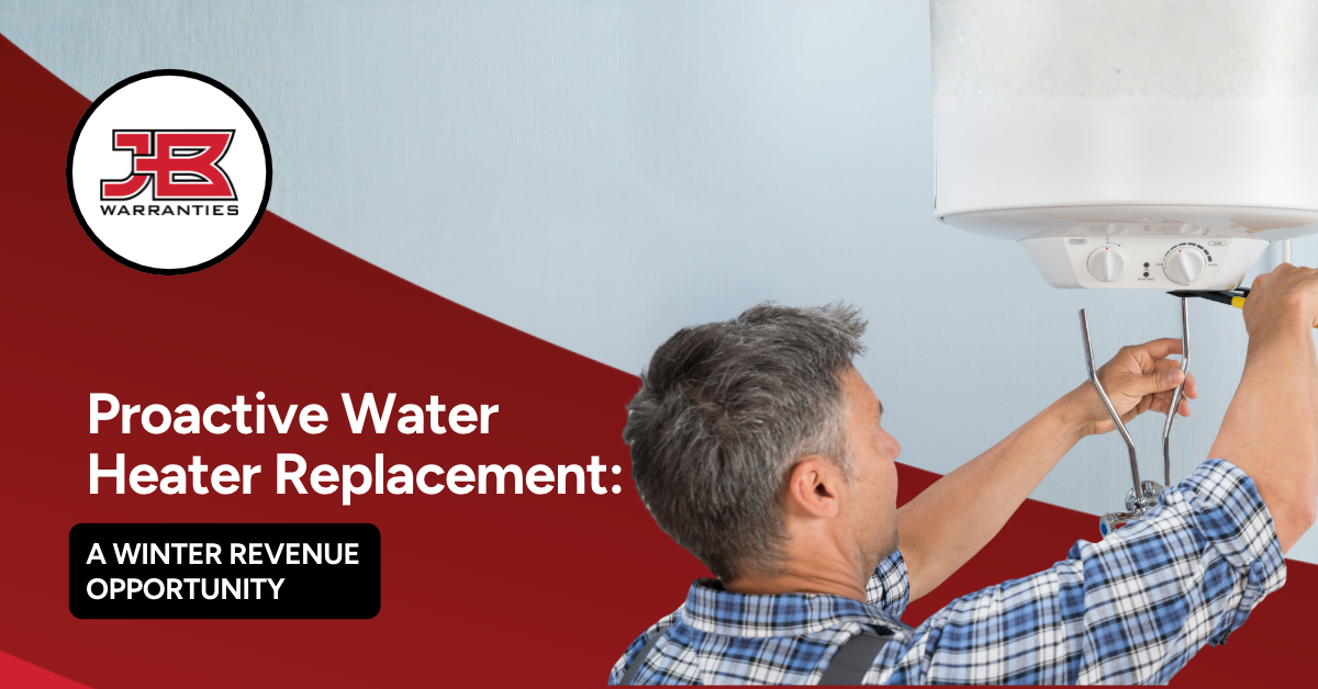 Plumber servicing a wall-mounted water heater with the headline “Proactive Water Heater Replacement: A Winter Revenue Opportunity.”