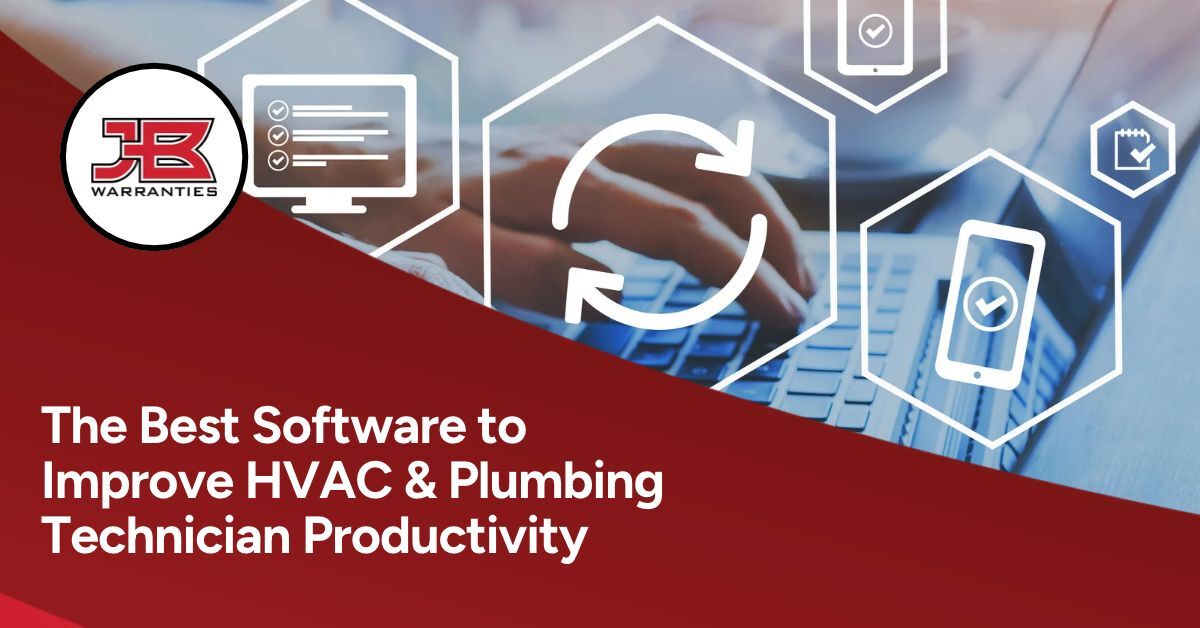 Image of hands at keyboard with different media icons on the screen. The JB Warranties logo on the left side with the words "The Best Software to Improve HVAC & Plumbing Technician Productivity."