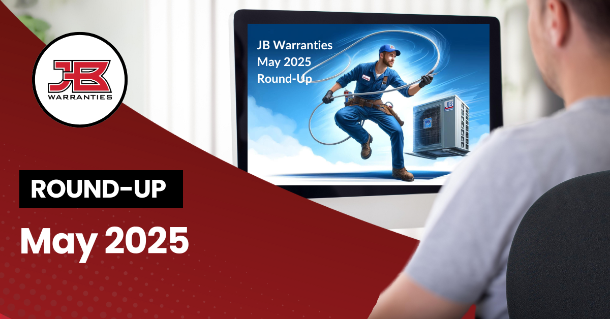 Man looking at a computer gathering the latest hvac and plumbing industry round up from May 2025. There is a red swoosh over half the page with the words, "Round-Up May 2025."