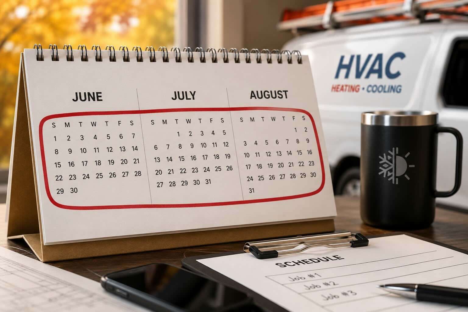 Desk calendar highlighting the months of June, July, and August, representing HVAC peak season, with a work schedule clipboard, smartphone, and coffee mug in the foreground. A blurred service van and fall foliage in the background symbolize the transition from the busy summer months into the slower fall season for building customer reviews and preparing for the next service cycle.