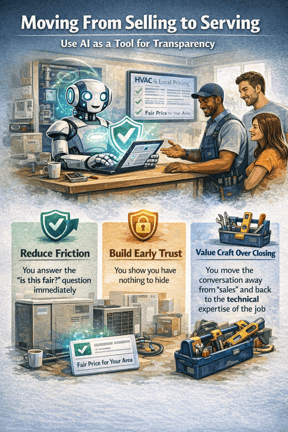 Square infographic titled “Moving From Selling to Serving.” At the top, a friendly robot and an HVAC technician sit at a kitchen table with a smiling couple, reviewing pricing details on a tablet. A glowing shield with a checkmark symbolizes trust and transparency. Below, three illustrated panels highlight key points: “Reduce Friction” with a fair price verification screen, “Build Early Trust” with a lock and shield icon, and “Value Craft Over Closing” with a toolbox and technical equipment. The overall tone emphasizes honesty, expertise, and using AI to support clear, fair pricing conversations.  