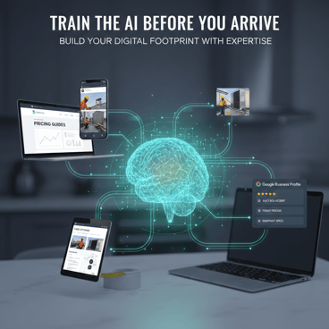 An instructional graphic titled "Train the AI Before You Arrive: Build Your Digital Footprint with Expertise." The center features a glowing blue digital brain with network lines connecting to various devices. On the screens, a laptop shows a "Pricing Guide," a smartphone displays a social media feed of HVAC technicians working, and a tablet shows a Google Business Profile with 5-star reviews mentioning "Duct Replacement" and "Permit Process." The background is a clean, professional dark workspace.  