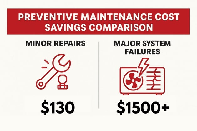 Preventive maintenance cost savings comparison showing minor repairs versus major system failures - Benefits of HVAC Service Contracts infographic 