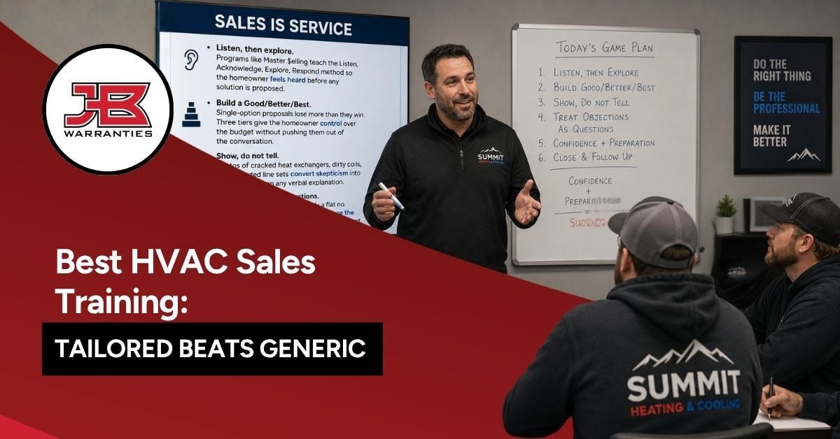 HVAC owner training a small team on sales strategies in a conference room with presentation slides and a whiteboard. The title on the image says, "Best HVAC Sales Training: Tailored Beats Generic."