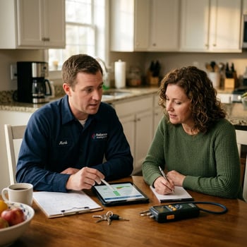 hvac technician talking to homeowner about a service call diagnostic