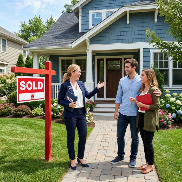 Real estate agent stands with a couple outside a newly purchased home with a “Sold” sign, symbolizing homeownership and the value of transferable HVAC extended warranties for new buyers.