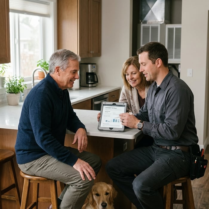 warranty-explanation-kitchen-1x1Three adults in a modern kitchen review information on a tablet together while a dog rests at their feet, suggesting a home service or consultation with an hvac technician reviewing extended warranties.